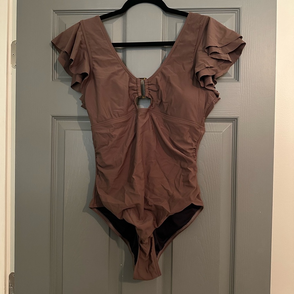 Brown Ruffle Sleeve Swimsuit